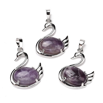 Natural Amethyst Pendants, with Platinum Tone Brass Findings, Cadmium Free & Lead Free, Swan, 32x25x7.3mm, Hole: 8mm