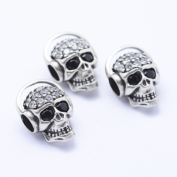 Brass Micro Pave Cubic Zirconia Beads, Lead Free & Nickel Free & Cadmium Free, Skull, Antique Silver, 17x12.5x10mm, Hole: 4mm