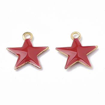 Brass Charms, Enamelled Sequins, Raw(Unplated), Star, Red, 18.5x17x2.5mm, Hole: 1mm