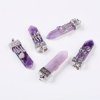 Natural Amethyst Big Pendants, with Alloy Findings, Arrow, Platinum, 56~58x16x10mm, Hole: 5x7mm