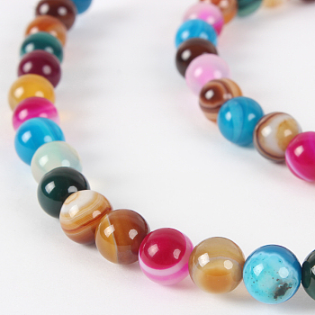 Natural Striped Agate/Banded Agate Round Bead Strands, Dyed, Mixed Color, 6mm, Hole: 1mm, about 63pcs/strand, 15.35 inch
