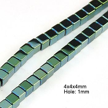 Non-magnetic Synthetic Hematite Beads Strands, Cube, Green Plated, 4mm, Hole: 1mm, 15.7 inch