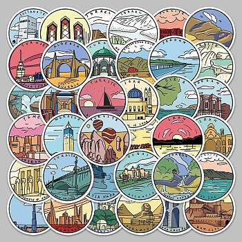 Travel Theme Round Dot PVC Scenery Sticker Rolls, Waterproof Tourist Attractions Decals for Suitcase, Skateboard, Refrigerator, Helmet, Mobile Phone Shell, Building Pattern, 55~85mm, 50pcs/bag