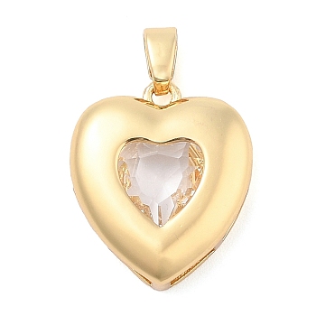 Rack Plating Brass Pendants, Glass Charms, Long-Lasting Plated, Cadmium Free & Lead Free, Real 18K Gold Plated, Heart, Clear, 21x18.5x6mm, Hole: 3x5.5mm