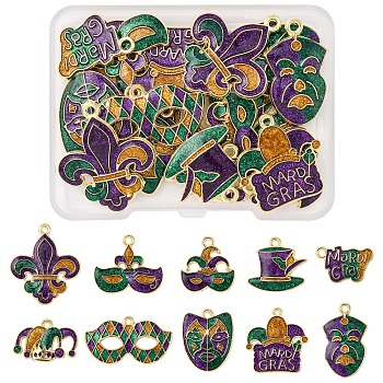 20Pcs 10 Styles Carnival/Mardi Gras Theme Alloy Enamel & Glitter Powder Pendants, Carnival Theme, Lead Free & Cadmium Free, Golden, Mixed Shapes, 15~28x13~30x1.5~3mm, Hole: 1.5~2mm, 2pcs/style