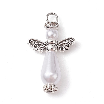 Acrylic Imitation Pearl with Alloy Pendants, Angel, Antique Silver, 24x14x6mm, Hole: 2mm
