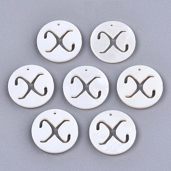Natural Freshwater Shell Charms, Flat Round with Hollow Out Letter, Letter.X, 14.5x1.5mm, Hole: 0.9mm