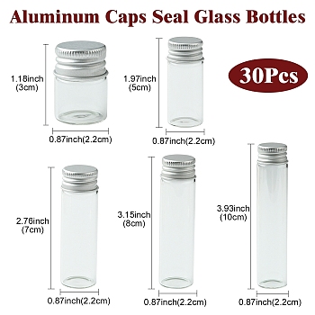 30Pcs Empty Glass Bead Storage Tubes, with Platinum Plated Screw Aluminum Cap and Silicone Stopper, Column, Clear, 3x2.2cm, Capacity: 5ml(0.17fl. oz)