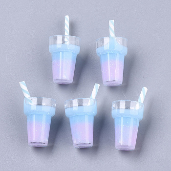 Imitation Juice Glass Pendants, Plastic Pendants, with Epoxy Resin and Polymer Clay, Glitter Powder, Light Sky Blue, 25~28x13mm, Hole: 1.4mm