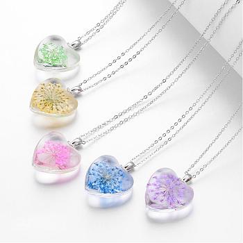 Glass Pendant Necklaces, Heart, with Brass Chains, Platinum, Mixed Color, 18.11 inch
