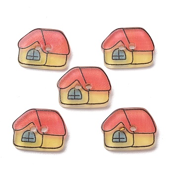 2-Hole Printed Transparent Resin Buttons, House, Tomato, 11x15x2.5mm, Hole: 1.6mm