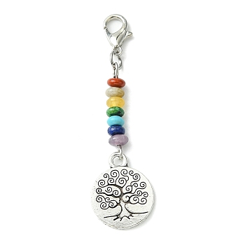 Alloy Tree of Life Pendant Decorations, with Chakra Gemstone Bead and Zinc Alloy Lobster Claw Clasps, Flat Round, 56mm