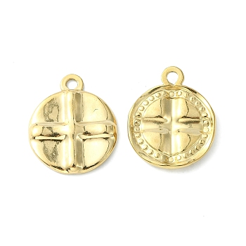 304 Stainless Steel Pendants, Flat Round with Cross Charms, Real 14K Gold Plated, 19x16x2mm, Hole: 1.6mm