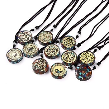 Orgonite Chakra Necklaces, Pendant Necklaces, with Natural Gemstone Chip, Nylon Thread, Brass Findings, Flat Round, 25.9 inch(66cm)x0.2cm