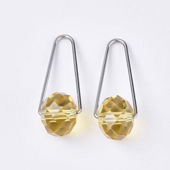 Faceted Glass Pendants, with 304 Stainless Steel Triangle Rings, Stainless Steel Color, Yellow, 36x13mm, Triangle ring: 1mm thick, Bead: 14x10.5mm