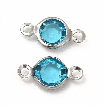 304 Stainless Steel with Glass Connector Charms, Flat Round Links, Stainless Steel Color, Cyan, 12.5x7x2mm, Hole: 1.5mm