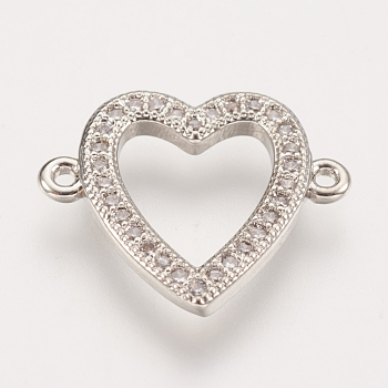 Brass Micro Pave Cubic Zirconia Links, Heart, Clear, Platinum, 13.5x16x1.5mm, Hole: 0.8mm