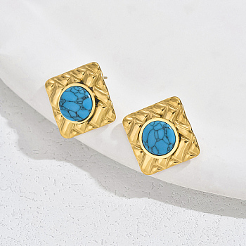 304 Stainless Steel Rhombus Stud Earrings, with Synthetic Turquoise, Real 18K Gold Plated, 18x18mm