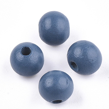 Painted Natural Wood Beads, Round, Steel Blue, 10x8.5~9mm, Hole: 2~3mm