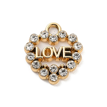 UV Plating Alloy Rhinestone Pendants, Heart with Word Love, for Valentine's Day, Golden, 17.5x16x2.5mm, Hole: 2.5mm