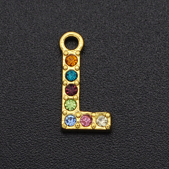 Alloy Rhinestone Charms, Golden, Colorful, Letter, Letter.L, 12.5x6x2mm, Hole: 1.5mm
