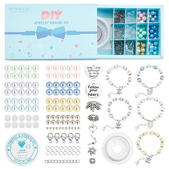 SUNNYCLUE Ocean Pearl Bracelet DIY Making Kit, Including Glass Pearl Beads, Iron End Chains, Alloy Pendants & Beads & Bead Caps, Iron & Brass Crimp Beads, Tail Wire, Mixed Color, Pendant: 12pcs/set