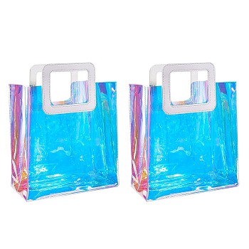 PVC Laser Transparent Bag, Tote Bag, with PU Leather Handles, for Gift or Present Packaging, Rectangle, White, Finished Product: 32x25x15cm