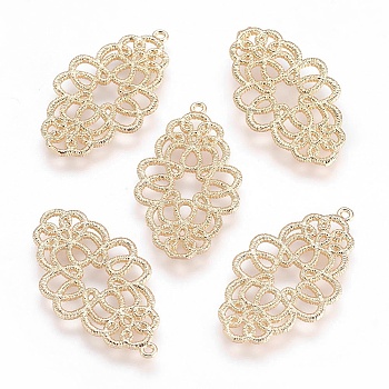Brass Pendants, Filigree Findings, Nickel Free, Flower, Real 18K Gold Plated, 32.5x18x1mm, Hole: 1.2mm