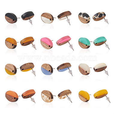 craftdady 12paires 12 couleurs résine opaque et clous d'oreilles en bois de noyer(MAK-CD0001-05)-2