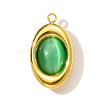 304 Stainless Steel Pendants, with Cat Eye, Oval, Ion Plating(IP), Real 18K Gold Plated, Medium Sea Green, 19x11mm(CE-OY001-02G)