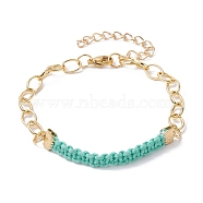 Waxed Cotton Cords Braided Link Bracelets, with Golden Brass Cable Chains, Medium Aquamarine, 7-1/8 inch(18cm)(BJEW-JB09963-02)