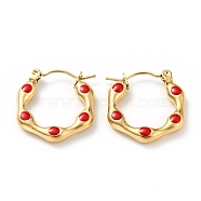 Ion Plating(IP) 304 Stainless Steel Hexagon Hoop Earrings with Enamel for Women, Golden, Red, 20x19x3mm, Pin: 0.8mm(EJEW-G293-17C-G)