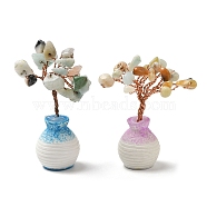 Natural Gemstone Chips Tree of Life Decorations, Mini Ceramic Random Color Vase with Copper Wire Feng Shui Energy Stone Gift for Women Men Meditation, 60~80mm(DJEW-PW0012-038C)