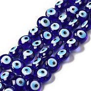 Handmade Evil Eye Lampwork Beads Strands, Flat Round, Blue, 12.5x7.5mm, Hole: 1.6mm, about 33pcs/strand, 15.12''(38.4cm)(LAMP-E030-03C)