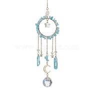 Natural Dyed Jade Imitation Aquamarine Chip Pendant Decorations with Brass Moon & Cable Chain & Electroplated Quartz Crystal Tassel, Faceted Round Glass Crystal Ball & Star Prism Suncatchers, 278mm(HJEW-JM01650-02)