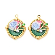 304 Stainless Steel Enamel Pendants, with Resin and ABS Imitation Pearl, Oval with Flower, Ion Plating(IP), Real 18K Gold Plated, Green, 23x18x4.5mm, Hole: 1.8mm(STAS-B084-11G-01)