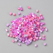 Opaque Colours Glass Hexagon Bugle Beads, Round Hole, Hot Pink, 1.5~2.5x2mm, Hole: 0.9mm, 5500pcs/100g(GLAA-TAC0005-008A)