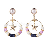 Big Ring with Starfish Dangle Stud Earrings, Polymer Clay Heishi Beaded Drop Earrings for Women, Golden, Pink, 52mm, Pin: 1mm(EJEW-TA00044-02)