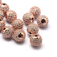 Rack Plating Brass Cubic Zirconia Beads, Long-Lasting Plated, Round, Rose Gold, 9.5~10x9~9.5mm, Hole: 2mm(ZIRC-S001-10mm-A03)