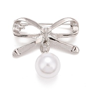 Alloy Bowknot Brooch with Plastic Pearl, Creative Badge for Backpack Clothes, Platinum, 31x31.5x11.5mm, Pin: 0.7mm(JEWB-A004-02P)