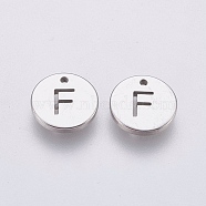 Non-Tarnish 304 Stainless Steel Charms, Flat Round with Letter, Stainless Steel Color, Letter.F, 10x1mm, Hole: 1mm(STAS-P212-15P-26)