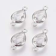 Glass Links connectors, with Brass Findings, Faceted Teardrop, Nickel Free, Real Platinum Plated, Clear, 14x7x3mm, Hole: 1.2mm(X-KK-Q752-002P)