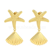 Rack Plating Brass Stud Earrings, with Ear Nuts, Long-Lasting Plated, Starfish & Shell, Real 18K Gold Plated, 38x20.5mm(EJEW-N055-04G-RS)