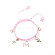 Heart Envelope Rose Alloy Enamel Charm Bracelet, Braided Adjustable Bracelet for Valentine's Day, Pink, Inner Diameter: 2-1/8~3-1/4 inch(5.4~8.2cm)(BJEW-JB08682-01)