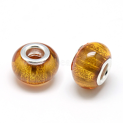 Resin European Beads, Large Hole Beads, with Silver Color Plated Brass Cores, Rondelle Large Hole Beads, Goldenrod, 13.5x9~9.5mm, Hole: 5mm(RPDL-S008-09)