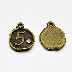 Antique Bronze Plated Alloy Rhinestone Charms, Flat Round with Num.5, Nickel Free, 13x10x1.5mm, Hole: 1mm(ALRI-J153-05-NF)