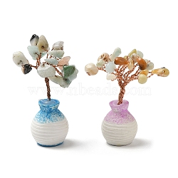 Natural Gemstone Chips Tree of Life Decorations, Mini Ceramic Random Color Vase with Copper Wire Feng Shui Energy Stone Gift for Women Men Meditation, 60~80mm(DJEW-PW0012-038C)