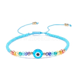 Lampwork Evil Eye & Glass Beaded Bracelet, Braided Adjustable Bracelet for Women, Cyan, Inner Diameter: 2-1/2~3-7/8 inch(6.2~9.7cm)(BJEW-JB08367-07)