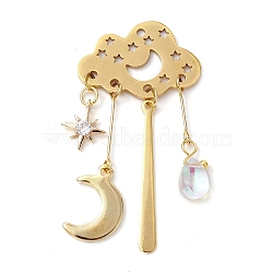 201 Stainless Steel Pendants, with Brass Pendants and Glass Beads, Cloud with Moon & Star, Golden, 49x25x5mm, Hole: 1.6mm(PALLOY-TA00111)