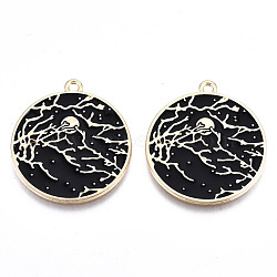 Eco-Friendly Alloy Enamel Pendants, Cadmium Free & Lead Free & Nickel Free, Flat Round with Branch & Moon, Light Gold, Black, 26.5x24x1.2mm, Hole: 1.6mm(ENAM-Q437-039-NR)